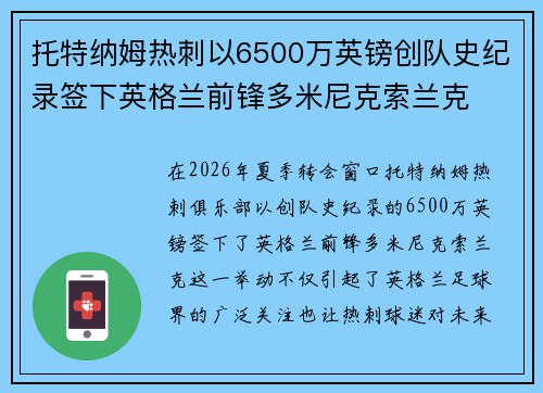 托特纳姆热刺以6500万英镑创队史纪录签下英格兰前锋多米尼克索兰克