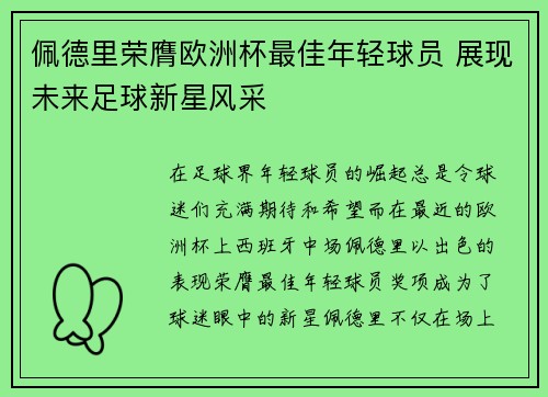佩德里荣膺欧洲杯最佳年轻球员 展现未来足球新星风采